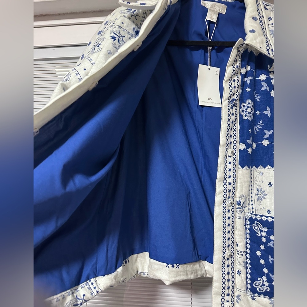CAROLINE CONSTAS Blue and White Linen Jacket with Patchwork Bandana Print 💙🩵 - Picture 10 of 13